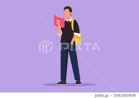 Character flat drawing smart guy standing and reads book that holds in one hand at school. Young man love to read in library. Male students with open books in hands. Cartoon design vector illustration 106260909
