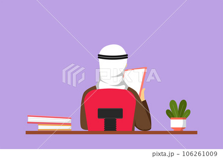 Cartoon flat style drawing back view of Arab man sitting at desk and reading book in library. Smart student studying hard and preparing for exam with pile of books. Graphic design vector illustration 106261009