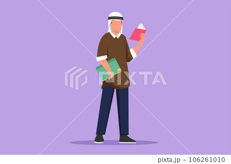 Cartoon flat style drawing Arab man stands and holds book in hands. Guy reading book. Student in university library. Boy spending spare time by reading literature. Graphic design vector illustration Cartoon flat style drawing Arab man stands and holds book in hands. Guy reading book. Student in university library. Boy spending spare time by reading literature. Graphic design vector illustration 106261010