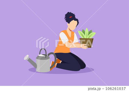 Character flat drawing happy girl taking care of houseplants growing in planters. Young beautiful woman cultivating potted plants at home. Female enjoying her hobby. Cartoon design vector illustration 106261037