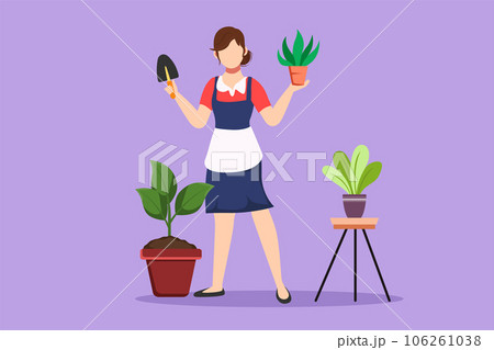 Character flat drawing of beautiful woman gardener, florist working in botanical garden, home backyard, planting flower, holding little shovel. Rack, plant in pots. Cartoon design vector illustration 106261038