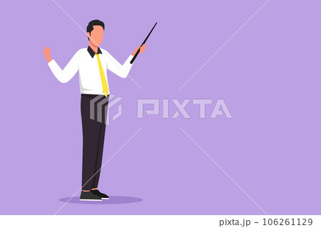 Graphic flat design drawing successful businessman teacher wearing tidy shirt, standing, pointing with wooden pointer stick. Educational concept, courses, trainings. Cartoon style vector illustration 106261129