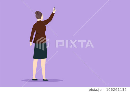 Character flat drawing back view of beautiful woman teacher or student writing formula on classroom chalkboard holding chalk in hand. University or school education. Cartoon design vector illustration 106261153