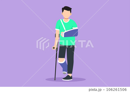 Cartoon flat style drawing sad and happy man with broken arm and leg in cast with crutch and fixing collar around his neck. Fracture limb. Injury male in hospital. Graphic design vector illustration 106261506