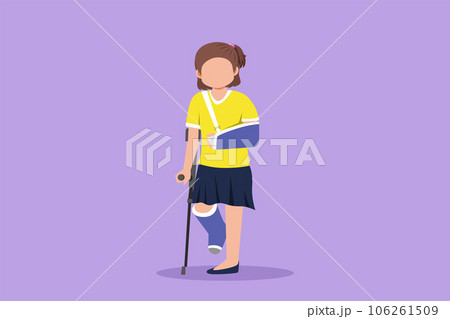 Cartoon flat style drawing sad injured child girl with broken arm and leg in gypsum. Full length upset injured pretty little girl standing on crutches in hospital. Graphic design vector illustration 106261509