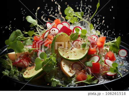 Fresh Mix fruits and salad with water splash float on dish with dark studio background. AI Generative 106261518