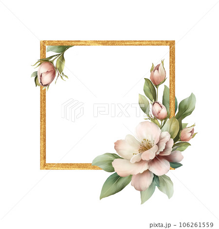 Square gold frame with flowers, for wedding invites, greetings, background Square gold frame with flowers, for wedding invites, greetings, background 106261559