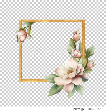 Square gold frame with flowers, for wedding invites, greetings, background Square gold frame with flowers, for wedding invites, greetings, background 106261559