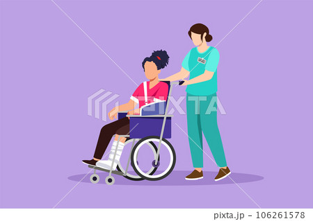 Character flat drawing disabled woman patient in wheelchair and doctor. Female transporting person walk in hospital. Medicine service. Rehabilitation and healthcare. Cartoon design vector illustration Character flat drawing disabled woman patient in wheelchair and doctor. Female transporting person walk in hospital. Medicine service. Rehabilitation and healthcare. Cartoon design vector illustration 106261578
