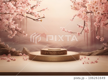 Minimal mockup background for product presentation. Pink podium and cherry blossom flower on pink background. AI Generative 106261649