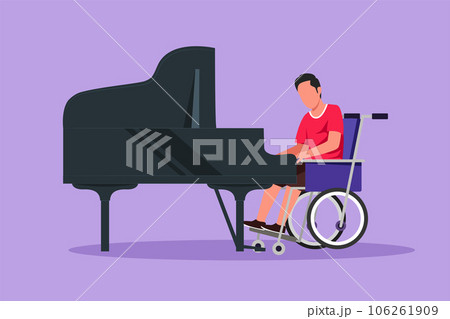 Graphic flat design drawing disabled man in wheelchair playing piano in concert. Disability and classical music. Physically disabled. Rehabilitation center patient. Cartoon style vector illustration Graphic flat design drawing disabled man in wheelchair playing piano in concert. Disability and classical music. Physically disabled. Rehabilitation center patient. Cartoon style vector illustration 106261909