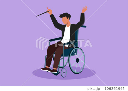 Cartoon flat style drawing of man conductor sitting in wheelchair leading orchestra. Classical music performance. Physically disabled. Rehabilitation center patient. Graphic design vector illustration 106261945