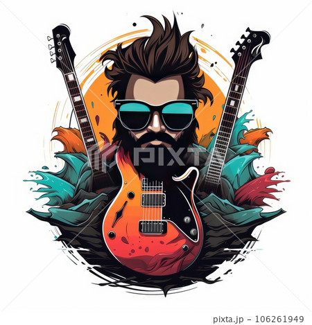 Rocknroll culture logo t shirt with guitars and skulls or goat gesture for punk and heavy metal community. AI Generative. 106261949