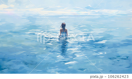 海に入る女性の後ろ姿の水彩イラスト「AI生成画像」のイラスト素材
