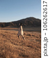 阿蘇の草千里を歩くトレンチコートを着た女性 106262617