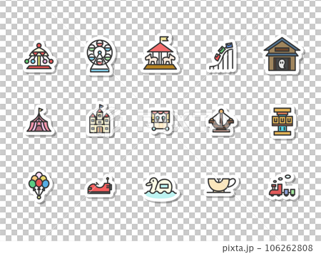 Sticker style amusement park simple illustration icon set (no background) 106262808