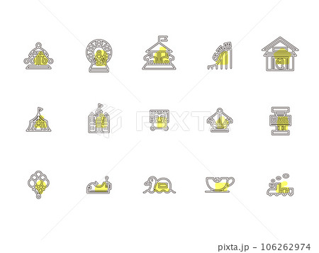 遊園地のシンプルイラストアイコンセット　アウトライン　黄色 106262974