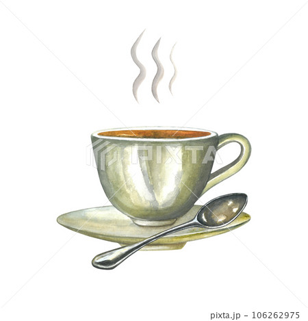Watercolor illustrations composition porcelain hot tea cup with saucer,spoon and steam isolated on transparent background hand drawn 106262975