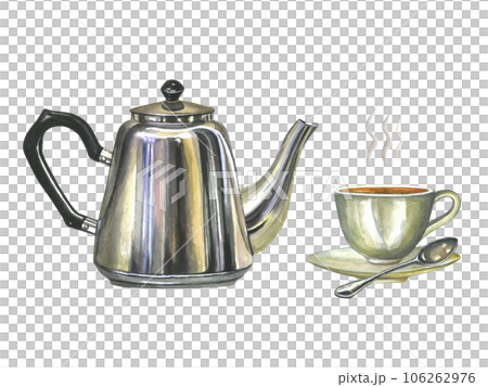 Watercolor illustration composition of metal teapot, porcelain cup of hot tea with saucer, spoon and steam isolated on transparent background, hand drawn Watercolor illustration composition of metal teapot, porcelain cup of hot tea with saucer, spoon and steam isolated on transparent background, hand drawn 106262976