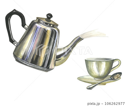 Watercolor illustration composition of metal teapot  with steam porcelain empty cup with saucer, spoon isolated on transparent background, hand drawn 106262977