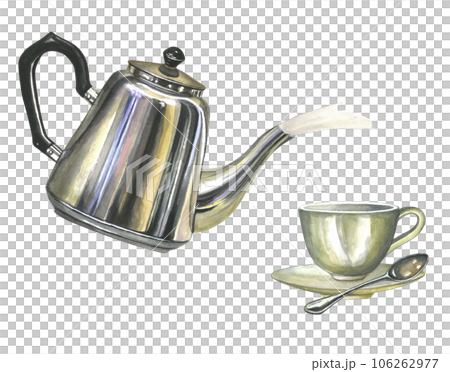 Watercolor illustration composition of metal teapot  with steam porcelain empty cup with saucer, spoon isolated on transparent background, hand drawn 106262977