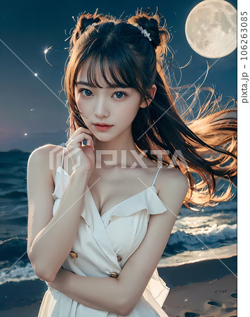 AI画像　満月と白いドレスの若い女性 106263085
