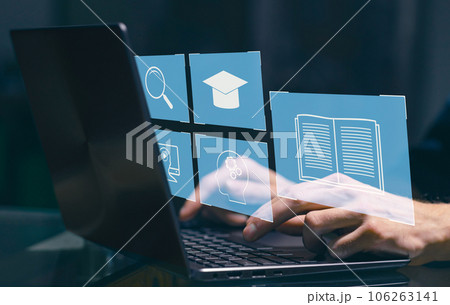 E-learning and Online Education concept. Male student learning lesson process holding hands on laptop keyboard. Web internet technology online webinar. 106263141