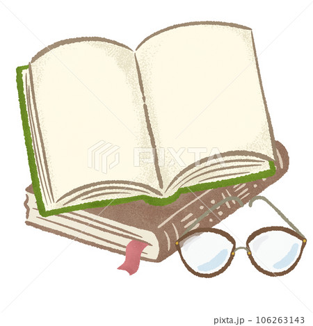 ヴィンテージカラーの開いた本とボストン型のメガネ(読書の秋)、質感のある色鉛筆・クレヨンの手描きイラ 106263143