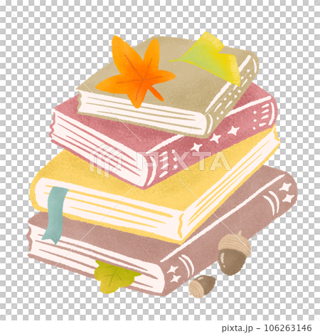 Hand-drawn illustrations of stacked books, autumn leaves, ginkgo (autumn for reading), textured colored pencils and crayons 106263146
