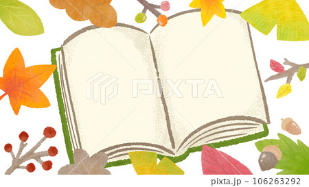 開いた本と秋の植物の背景フレーム、紅葉やどんぐり、質感のある色鉛筆・クレヨンの手描きイラスト 開いた本と秋の植物の背景フレーム、紅葉やどんぐり、質感のある色鉛筆・クレヨンの手描きイラスト 106263292
