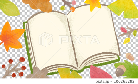 開いた本と秋の植物の背景フレーム、紅葉やどんぐり、質感のある色鉛筆・クレヨンの手描きイラスト 開いた本と秋の植物の背景フレーム、紅葉やどんぐり、質感のある色鉛筆・クレヨンの手描きイラスト 106263292