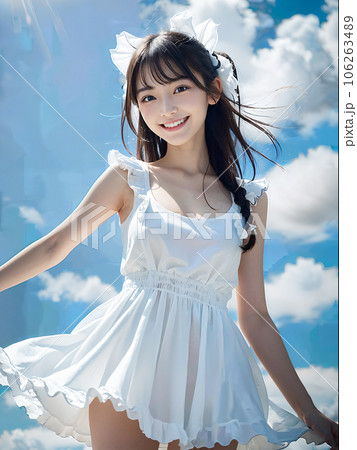 AI画像　夏空の下　両手を広げる笑顔の美少女 106263489