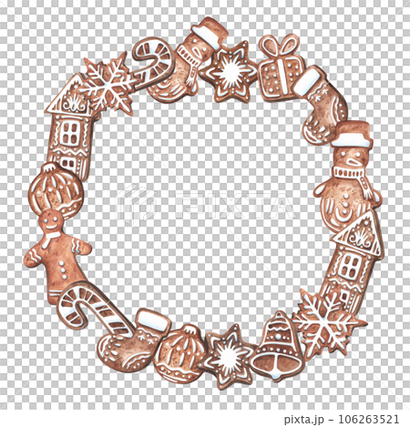 Christmas round ginger cookie frame, watercolor illustration in hand drawn style. Perfect for cards, invitations, decoration, flyers 106263521