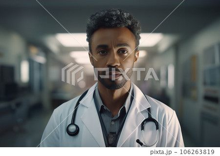 Male adult afroamerican doctor portrait against medical clinic 106263819