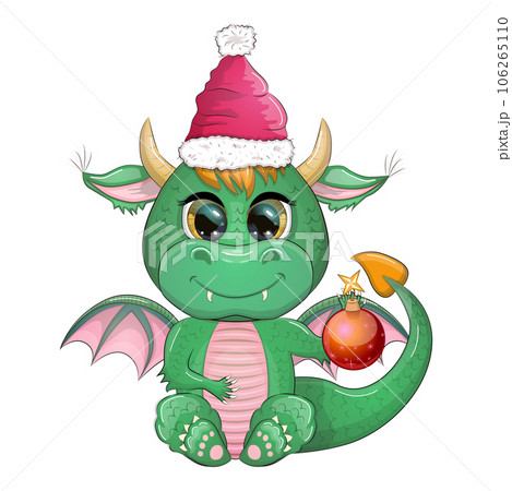 Cute cartoon green dragon in santa hat. 2024 new year, chinese calendar 106265110