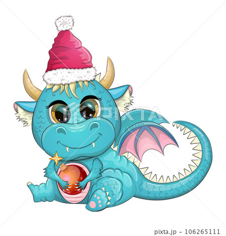 Cute cartoon green dragon in santa hat. 2024 new year, chinese calendar 106265111