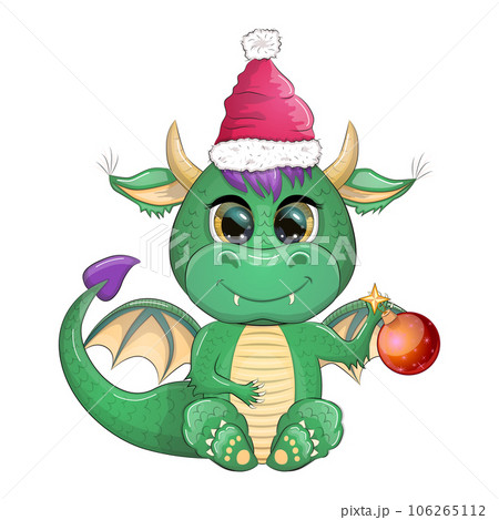 Cute cartoon green dragon in santa hat. 2024 new year, chinese calendar 106265112