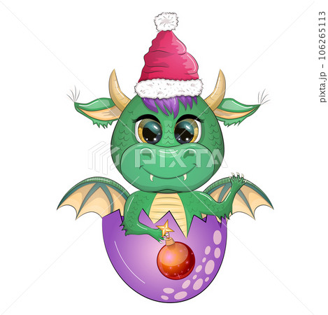 Cute cartoon green dragon in santa hat. 2024 new year, chinese calendar 106265113