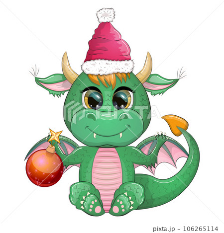 Cute cartoon green dragon in santa hat. 2024 new year, chinese calendar 106265114