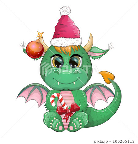 Cute cartoon green dragon in santa hat. 2024 new year, chinese calendar 106265115