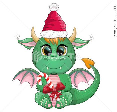 Cute cartoon green dragon in santa hat. 2024 new year, chinese calendar 106265116