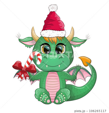 Cute cartoon green dragon in santa hat. 2024 new year, chinese calendar 106265117