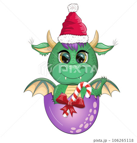 Cute cartoon green dragon in santa hat. 2024 new year, chinese calendar 106265118