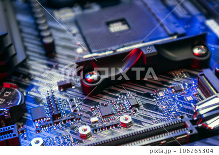 AM4 CPU Socket on motherboard, hardware close-up 106265304