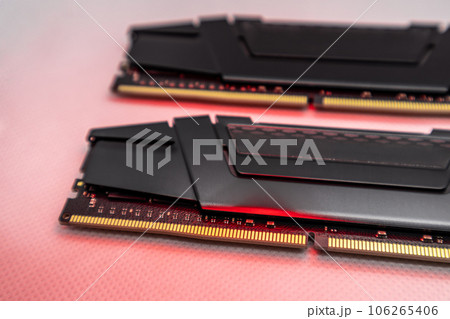 DDR4 DRAM memory modules close-up in red light 106265406
