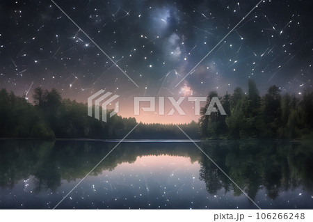 a lake at night the stars above and the surrounding trees 106266248