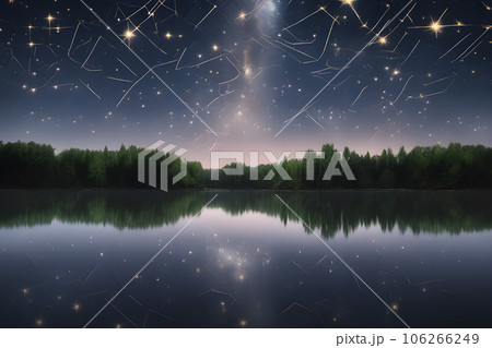 a lake at night the stars above and the surrounding trees 106266249