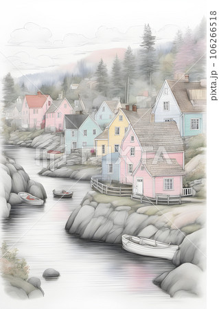 Captivating Line Drawing - 19th Century Swedish Village Amid Scenic Beauty 106266518