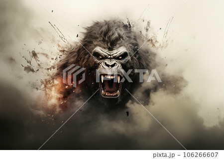 Image of ferocious eerie angry gorilla and there is smoke and fire, Wildlife Animals., Generative AI, Illustration. 106266607