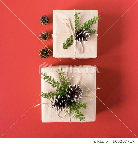Two gifts in craft paper with a spruce branch and a cone for Christmas, New Year 106267717